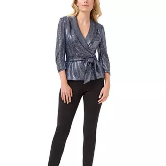 Adrianna Papell Women's Indigo Blue Metallic Wrap Top Size 4 Tie 3/4 Sleeve $139 - Picture 9 of 10